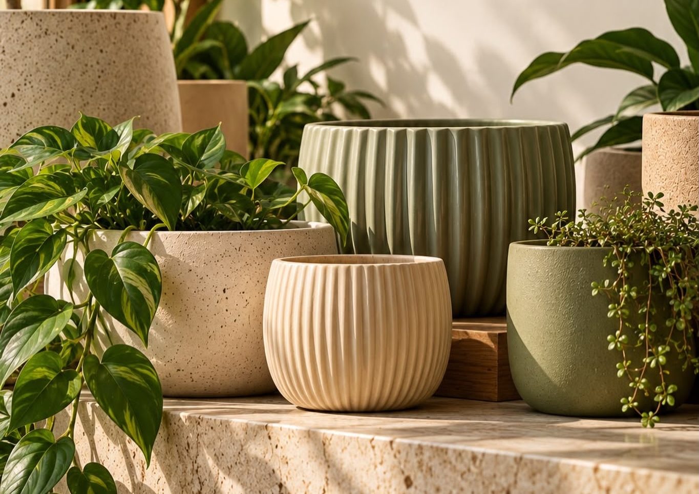 Vasos em tons de areia e verde com plantas